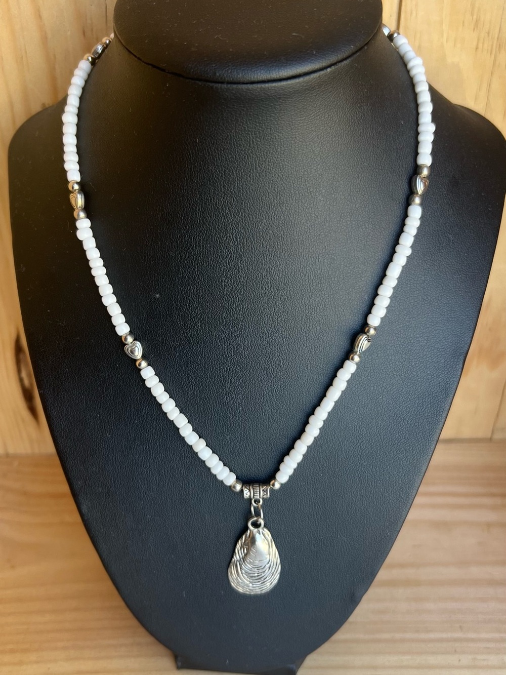 White Beaded Pendant Necklace - Heart Accent